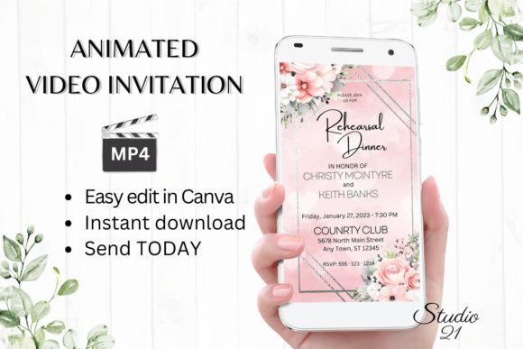 Pink Roses Rehearsal Dinner Invite W7275: Modern Floral Typography